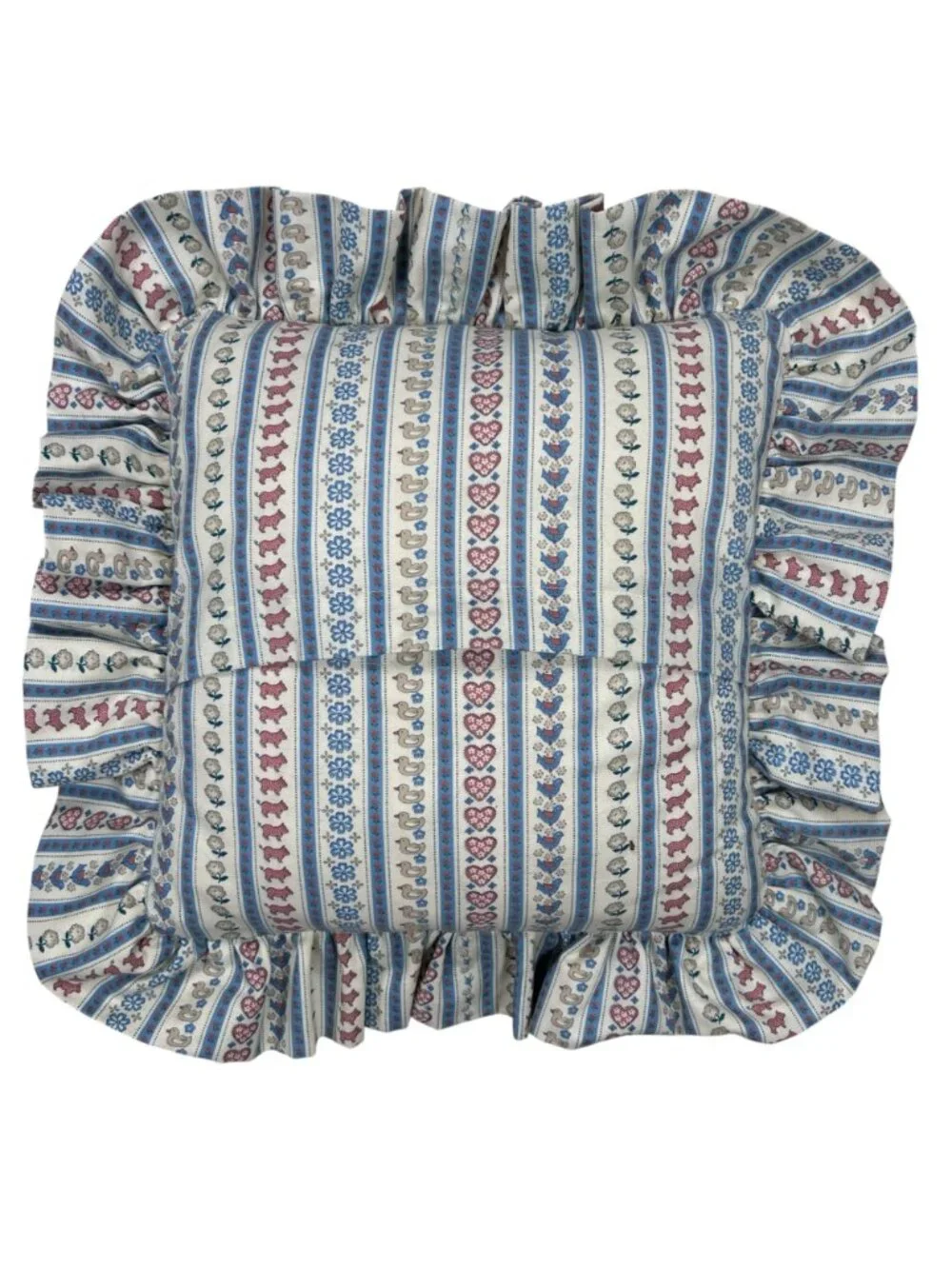 Vtg Quilted Throw Pillow Cottage Ruffle Pig Ducks Floral Country